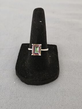 Moissanite Mystic Topaz Emerald-Cut Sterling Silver Ring-Pink/Green Size 7 (2ct)